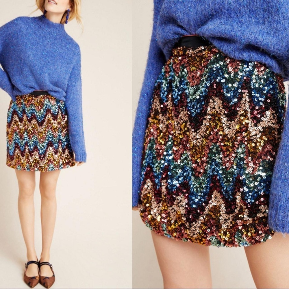 MAEVE by Anthropologie Zig-Zag Sequined Mini Skirt